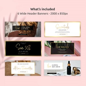Pu&ograve; includere: Sei design di banner per un marchio di bellezza o cura della pelle. I banner presentano accenti dorati e testo che recita "Nuovo", "Maschera per capelli extra lucente", "Collezione Essentials", "Risparmia il 50%", "Nuovi arrivi", "Preferiti di sempre", "Siero per la pelle radiosa".