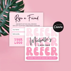 Modelo moderno de indicação de amigos no Canva, cartões de visita retrô rosa para indicação, 6,35 cm x 6,35 cm, cartões de desconto para salão de beleza para impressão, design nostálgico, PGR1