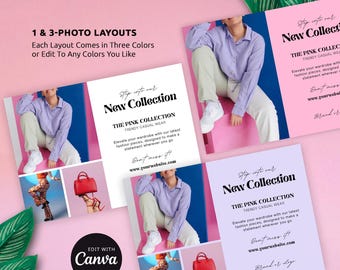 Produktmarknadsföringsflyer Canva-mall, flickaktigt rosa design, redigerbart tillkännagivandekort för ny kollektion, produktlanseringsflyer med foton