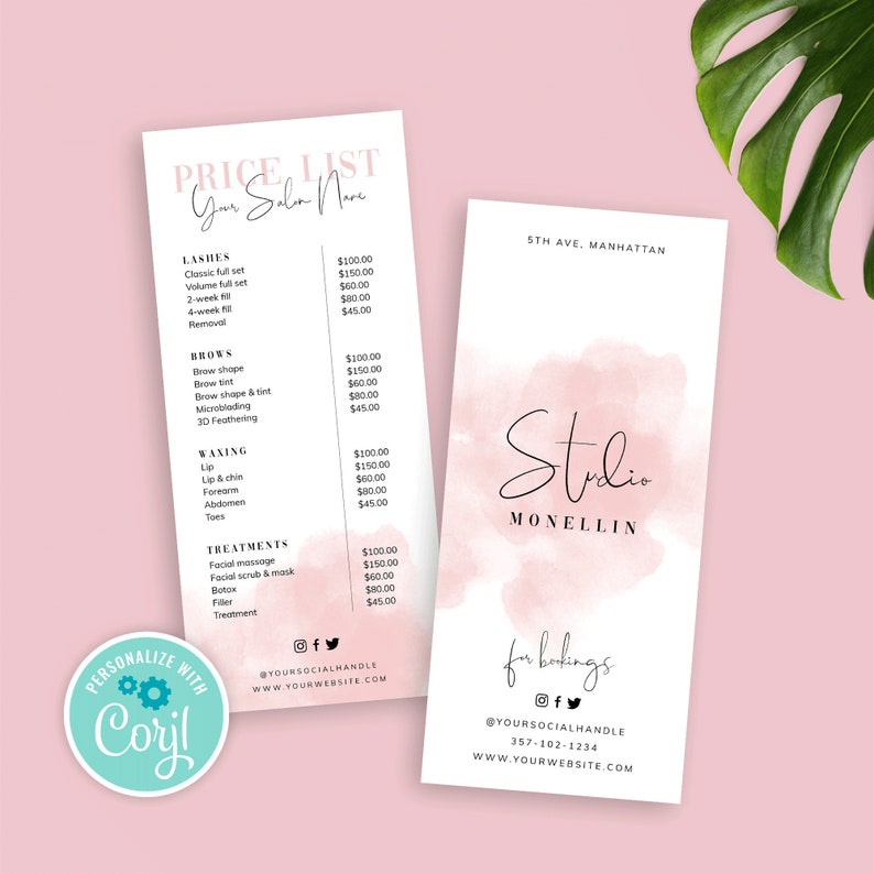 May include: A pink and white price list for a beauty salon called "Studio Monellin". The list includes services such as lashes, brows, waxing, and treatments. The salon is located at 5th Ave, Manhattan. The price list also includes social media handles and a website address.