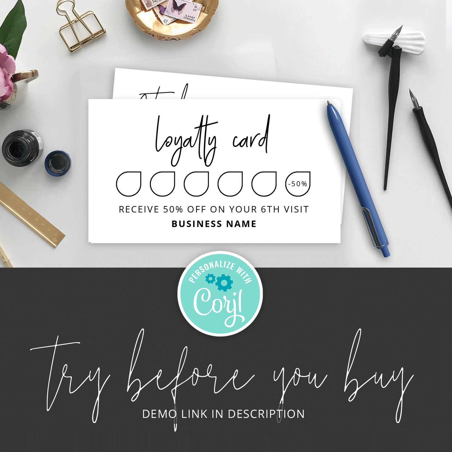 Printable Loyalty Card, Simple Customer Rewards Card Template, Editable ...