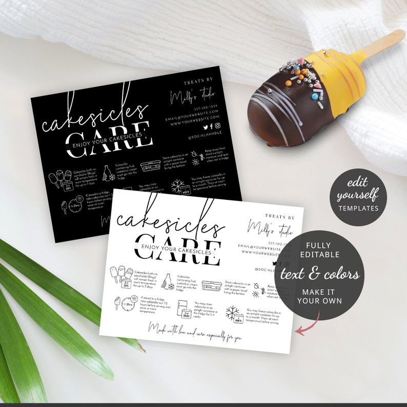 Puede incluir: Plantilla imprimible en blanco y negro para instrucciones de cuidado de cakesicles. La plantilla incluye el texto "cakesicles care" y "enjoy your cakesicles". La plantilla tambi&eacute;n incluye iconos y texto con instrucciones sobre c&oacute;mo almacenar y servir cakesicles.