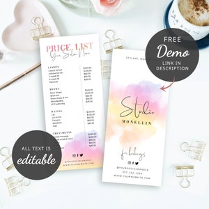 Watercolor price list template with purple, yellow and orange waterbrush background. This fun and vibrant pricing guide design is perfect for any small business or boutique with space for your products pricing and business details