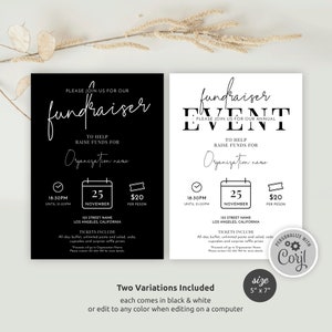 May include: Black and white printable fundraiser event flyer template with a calendar icon, ticket icon, and text that says "Please join us for our annual fundraiser event to help raise funds for Organization name".