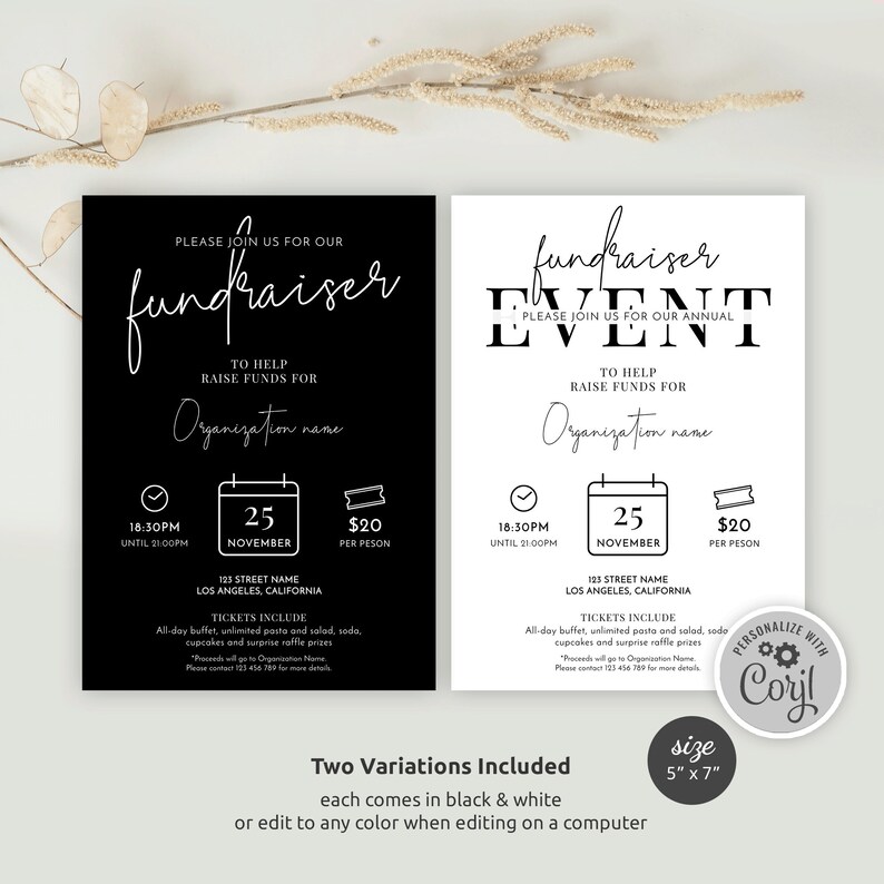 May include: Black and white printable fundraiser event flyer template with a calendar icon, ticket icon, and text that says "Please join us for our annual fundraiser event to help raise funds for Organization name".