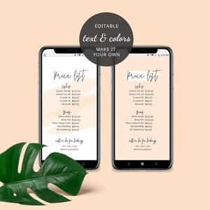 Social media price guide template in cream watercolor with modern handwritten font and space for your products or services pricing. Edit in minutes and post this instagram story pricelist to your business IG page
