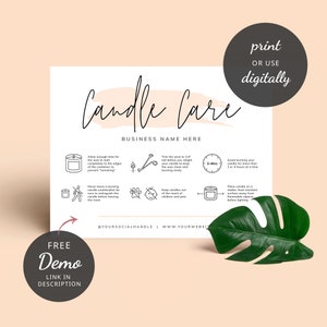 Editable Candle Care Card, Printable Candle Care Template, Pink Watercolor Candles Care Guide, Candle Safety Card Design, Instant, PW-001 image 7