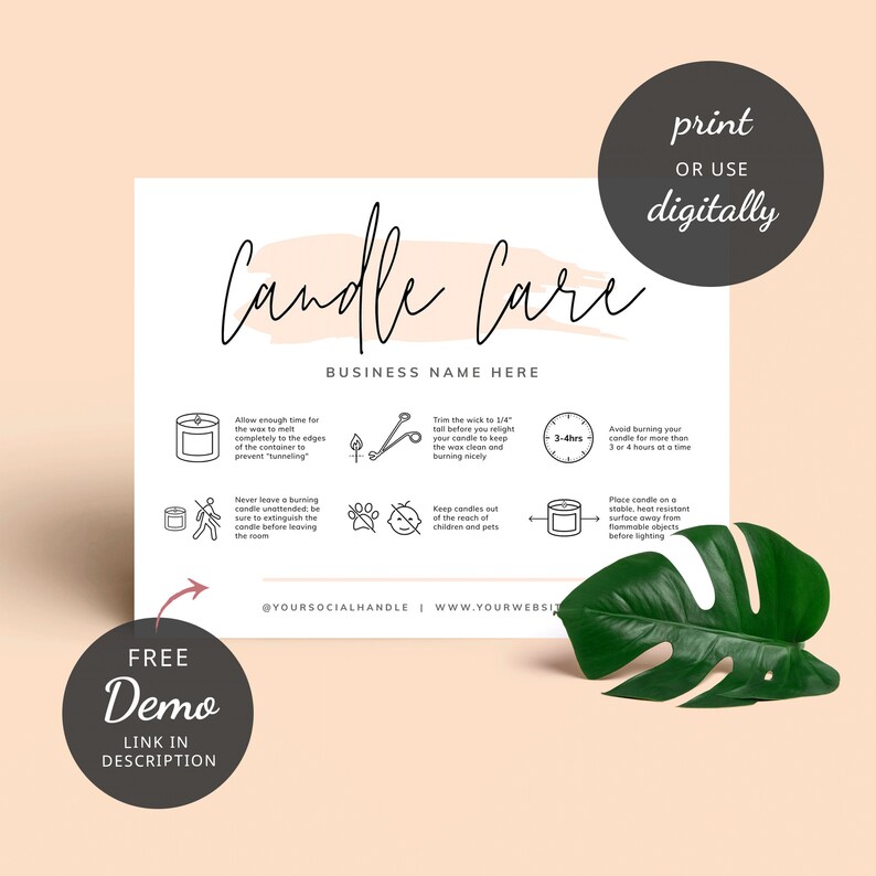 Editable Candle Care Card, Printable Candle Care Template, Pink Watercolor Candles Care Guide, Candle Safety Card Design, Instant, PW-001 image 7
