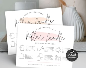 May include: A white and pink care instruction card for pillar candles. The card includes instructions on how to burn, trim, and extinguish the candles. The card also includes a business name placeholder and social media handles.