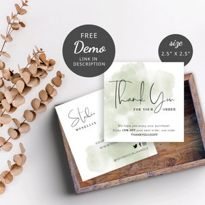 MINI Plantilla de tarjeta de agradecimiento por pedido, tarjetas de agradecimiento por compra DIY, insertos para paquetes, otoñal, verde salvia, efecto acuarela, Corjl