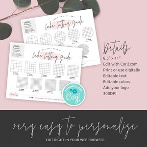 May include: Printable cake cutting guide template with different sizes of round and square cakes. The guide includes the number of servings for each size. The template is editable and can be personalized with your business name and logo. The template is 8.5 inches by 11 inches and 300 DPI.