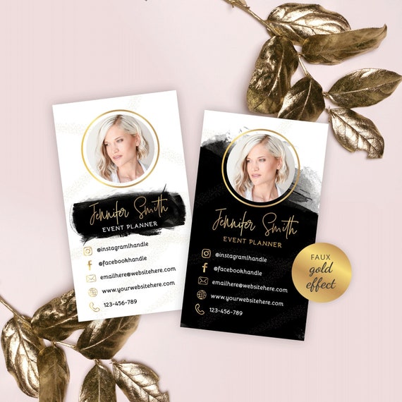 Business Card With Photo Template, Black & Gold Photo Business Cards Printable Design, Editable Image Company Cards Template, Instant BW-001