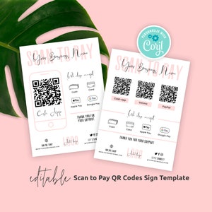Scan-to-Pay-QR-Code-Vorlage, bearbeitbarer Scan hier, um Poster-Design zu bezahlen, druckbare QR-Code-Zahlungsoptionen Beschilderung, femininer QR-Code-Flyer P01