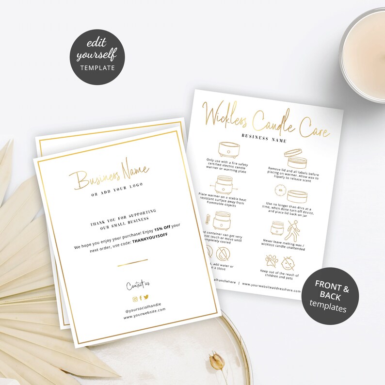 Editable Wickless Candle Care Card, Faux Gold Effect No Wick Melt Care Instructions Template, Printable No Flame Candle Safety Guide, GF-01 image 4