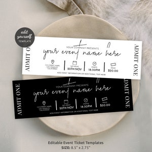 Minimalistische Ereigniskartenvorlage, bearbeitbarer Business Party-Eintrittspass, druckbare Galadinner-Karte 8,5 x 2,75 ", Schwarz & Weiß M-002