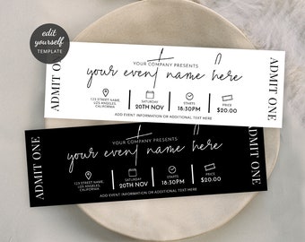 Minimalist Event Ticket Template, Editable Business Party Entry Pass, Printable Gala Dinner Ticket 8.5x2.75", Black & White M-002