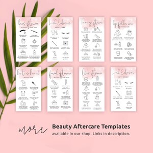 Puede incluir: Tarjetas de cuidado posterior de belleza imprimibles en rosa y blanco con dibujos de l&iacute;neas negras y texto. Las tarjetas incluyen instrucciones para cejas, pesta&ntilde;as, bronceado, relleno de labios, aceite para el cabello, facial, cera y extensiones de pesta&ntilde;as.