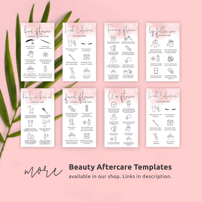 Puede incluir: Tarjetas de cuidado posterior de belleza imprimibles en rosa y blanco con dibujos de l&iacute;neas negras y texto. Las tarjetas incluyen instrucciones para cejas, pesta&ntilde;as, bronceado, relleno de labios, aceite para el cabello, facial, cera y extensiones de pesta&ntilde;as.