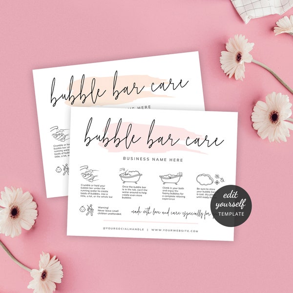 Bubble Bar Care Card Template, Custom Bubble Bath Scoop Instructions Cards, Feminine How To Use Bubble Bath Solid Bar Guide, PW-001