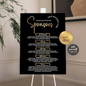 Event Sponsors Sign Template, Fundraiser Gala Donors List Sign Board, Elegant Black & Gold, Business Sponsors Poster, Instant Access, GF-01