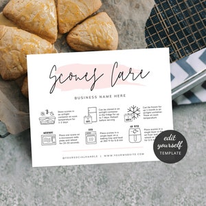 Kaartsjabloon sconesonderhoud, vrouwelijke aquarel, aangepaste instructies voor het bewaren en opwarmen van scones, afdrukbare gids voor bakkerijonderhoud, PW-001