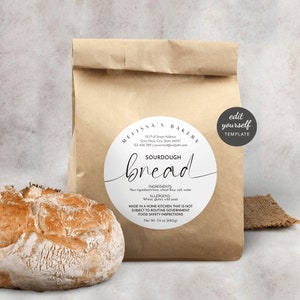 Custom Bread Labels Template, Minimalist Sourdough Food License Stickers Round & Square, Cottage Bakery Packaging, Instant Download M-004