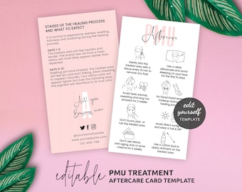 May include: Pink and white printable aftercare card template for PMU treatments. The card includes instructions for the first 21 days after the procedure, including how to care for the treated area, what to avoid, and when to expect certain healing stages. The card also includes space for a business name, social media handle, and website.