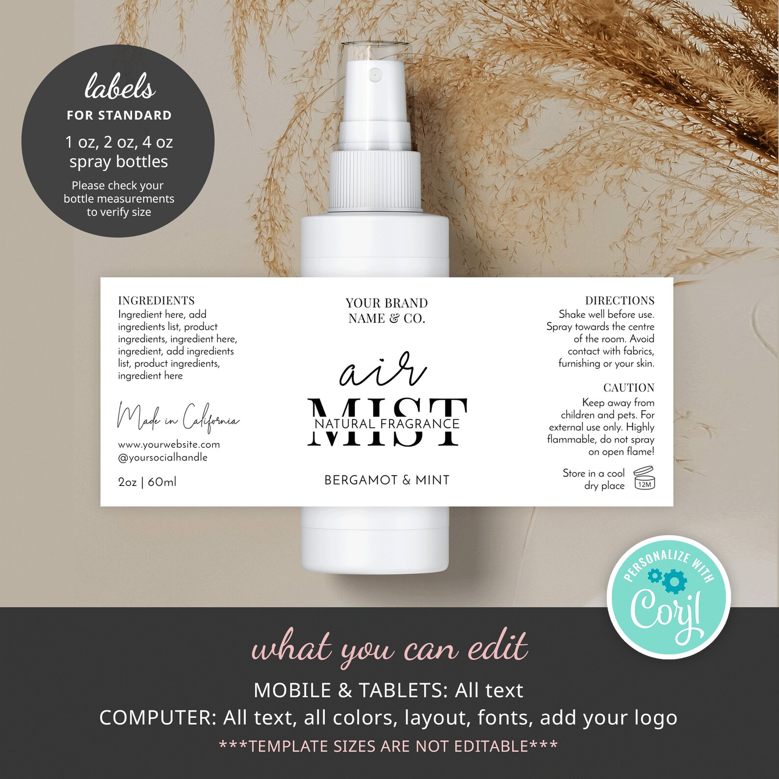 Minimalist Room Spray Label Template, Custom Air Freshener Bottle Wrap ...