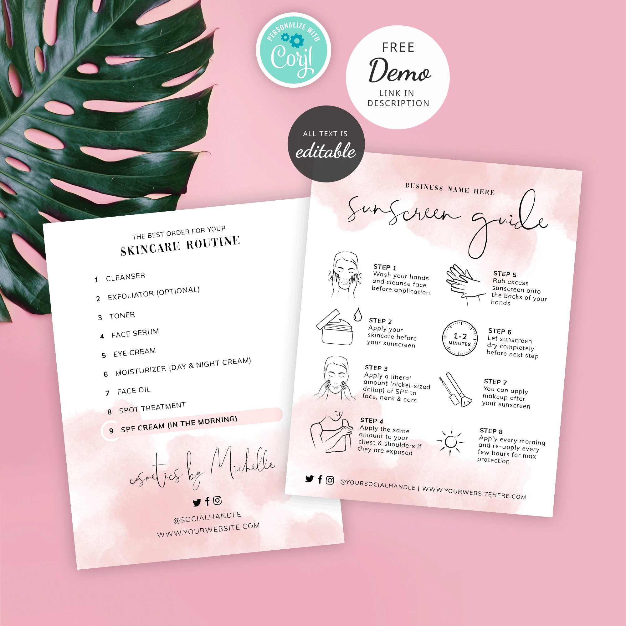 Sunscreen Application Guide Template, SPF Face Cream Editable Care Card ...