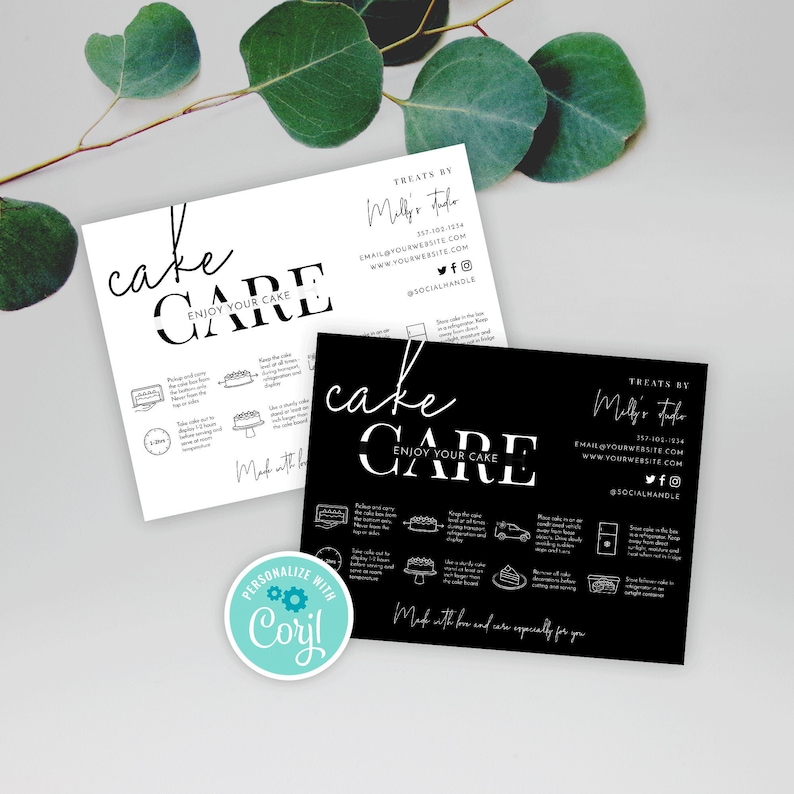 May include: Black and white cake care instructions card with the text "cake care enjoy your cake" and a list of instructions for storing and serving cake. The card also includes contact information for the bakery, "Treats by Molly's Studio", with a phone number, email address, website, and social media handles.