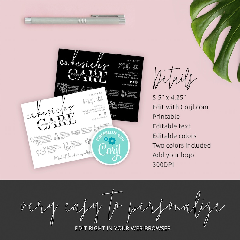 Puede incluir: Un dise&ntilde;o imprimible en blanco y negro para cakesicles, con el texto "cakesicles care" y una lista de instrucciones de cuidado. El dise&ntilde;o mide 5,5 pulgadas por 4,25 pulgadas y se puede editar con Corjl.com. Tambi&eacute;n se muestra una pegatina con el texto "Personalizar con Corjl".