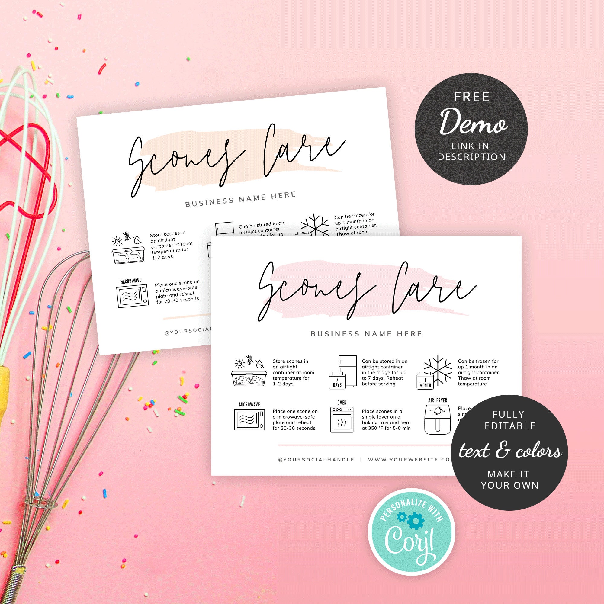 Scone Storage Scones Care Card Template, Feminine Watercolor, Custom Scones Storage ...