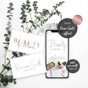 Rose gold effect business logo template with signature style font. Three logo variations are showcased, two on printed business cards and the third on a mobile screen - this shows the possible uses of this metallic pink gold logo design