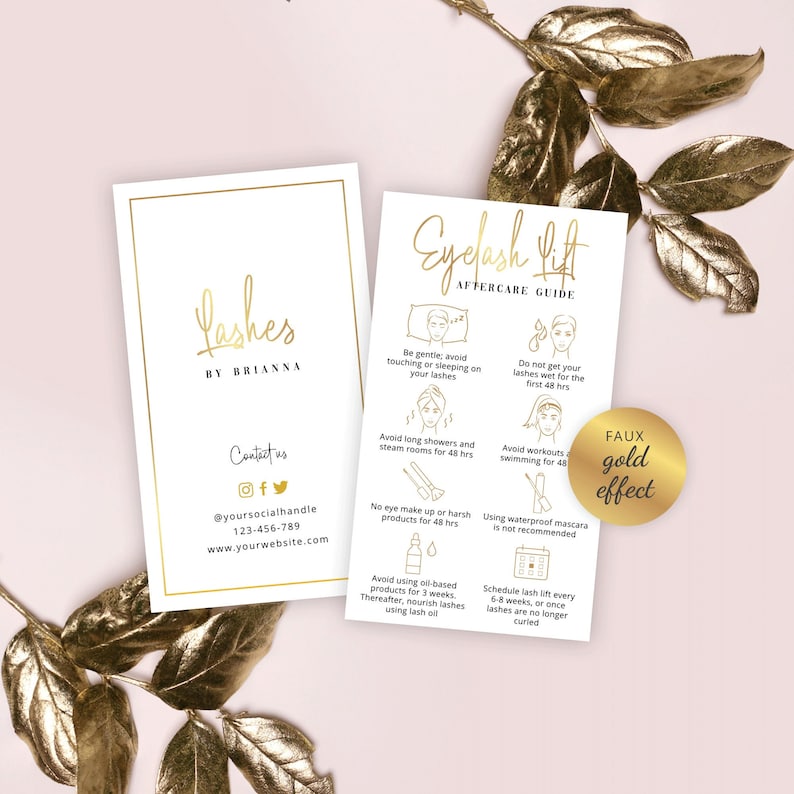 Faux Gold Lash Lift Care Card Template Eyelash Curl Aftercare Etsy