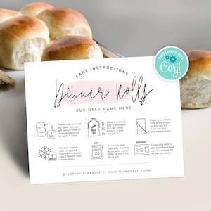 以下が含まれることがあります： 白いカードに黒い文字とイラストが描かれており、ディナーロールの保管方法が記載されています。カードには、ディナーロールの保管、冷凍、温め直し、電子レンジでの温め方に関する説明が記載されています。テキストには、「Dinner Rolls」、「Business Name Here」、「@YourSocialHandle」、「www.yourwebsite.com」が含まれています。