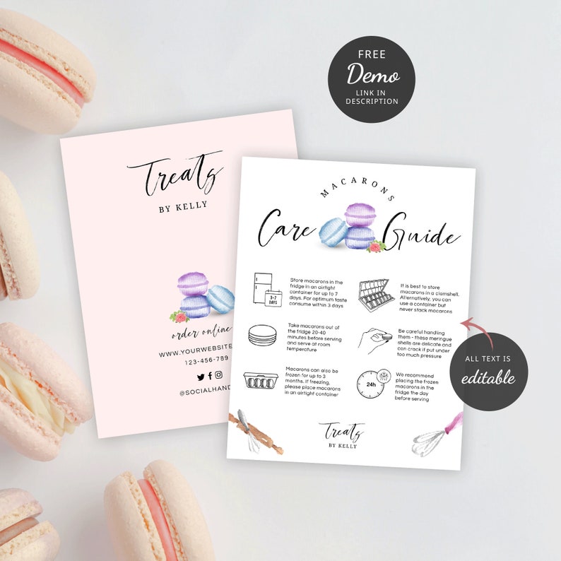 DIY Macarons Care Guide Template, Feminine Meringue Cookies Care ...