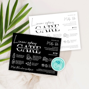 May include: Black and white linen spray care instructions card with a white border. The card features a stylized text design with the words "Linen Spray Care" and instructions on how to use the spray. The card also includes contact information for the business, "Scents by Milly's Studio", including their email address, website, and social media handles.