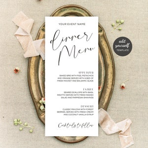 Plantilla de menú de cena de negocios personalizada, elegante menú de mesa para recaudación de fondos benéficos, minimalista en blanco y negro, tarjeta de presentación imprimible para eventos empresariales.