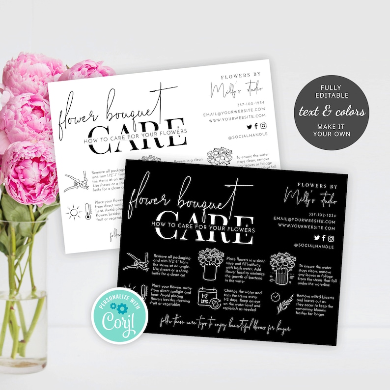 Bouquet of Flowers Care Card Template Editable Florist Care Etsy