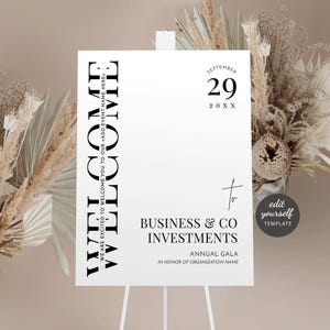 Plantilla de cartel de bienvenida para evento empresarial, señalización minimalista en blanco y negro para fiestas corporativas, cartel imprimible de cartón pluma con caballete de 45,7 x 60,9 cm y 60,9 x 91,4 cm, M-002