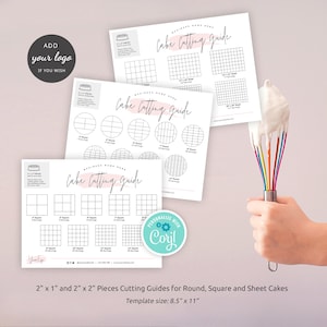 May include: Three printable cake cutting guides for round, square, and sheet cakes. The guides are designed to help you cut cakes into 2" x 1" and 2" x 2" pieces. The guides are 8.5" x 11" in size.