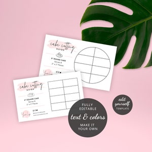 May include: Editable cake cutting guide template featuring two designs: a 5-inch round cake and a 4-inch square cake. The guide provides instructions for cutting the cake into 8 pieces, each measuring 2 inches by 1 inch. The text is fully editable, enabling you to personalise the colours and text to suit your preferences.