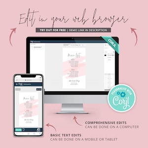 Puede incluir: Una pantalla de ordenador y un tel&eacute;fono m&oacute;vil muestran una plantilla de lista de precios rosa y blanca con el texto "Price List" y una pincelada de acuarela rosa. El texto "Personalizar con Corjl" est&aacute; en un c&iacute;rculo turquesa con un icono de engranaje. El texto "Las ediciones de texto b&aacute;sicas se pueden hacer en un m&oacute;vil o una tableta" est&aacute; debajo del tel&eacute;fono y el texto "Las ediciones completas se pueden hacer en un ordenador" est&aacute; debajo de la pantalla del ordenador.