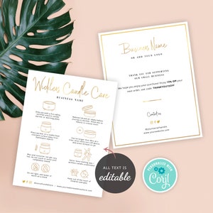 Editable Wickless Candle Care Card, Faux Gold Effect No Wick Melt Care Instructions Template, Printable No Flame Candle Safety Guide, GF-01 image 2
