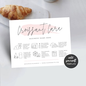 Croissants Care Card Template, Feminine Watercolor, Customizable Pastry Storage Instructions, Custom Bakery Care Guide, PW-001
