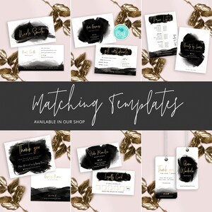 May include: A set of black and gold business cards, gift certificates, price lists, thank you cards, loyalty cards, and tags. The cards feature a black watercolor background with gold accents and text.