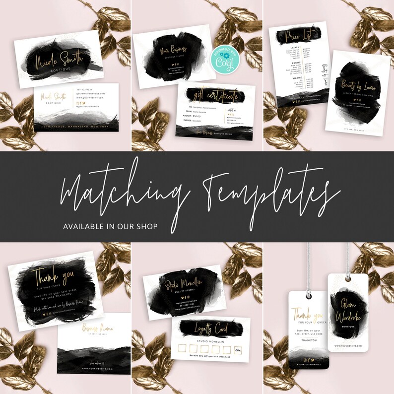 May include: A set of black and gold business cards, gift certificates, price lists, thank you cards, loyalty cards, and tags. The cards feature a black watercolor background with gold accents and text.