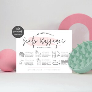 Scalp Massager-verzorgingskaartsjabloon, onderhoudsinstructies shampooborstel, vrouwelijke aquarel, afdrukbare siliconen borstelverzorgingsgids, PW-001