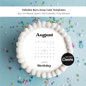 Trendy Burn Away Cake Design, Birthday Calendar Cake Canva Template Retro Font, Editable & Printable Burnaway Round Cake Design for Bakery