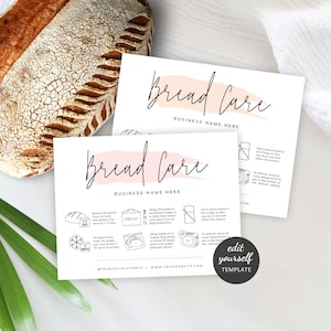 Modelo de cartão de cuidados com o pão, instruções personalizadas para armazenar pão, aquarela rosa, guia de cuidados para padaria moderna, download digital, PW-001